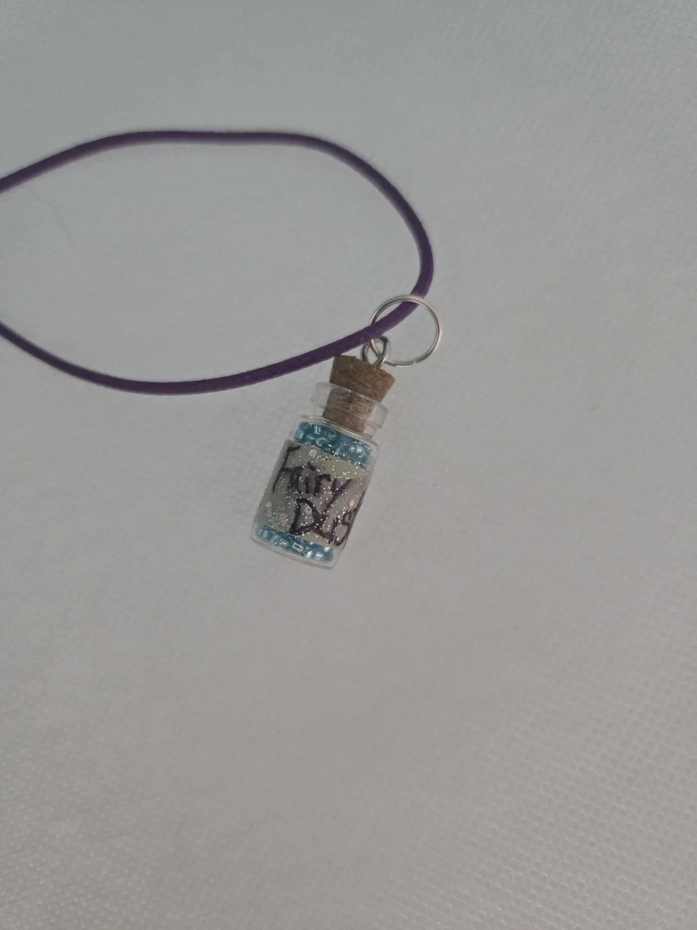 4/$15 Handmade Blue Bottle Pendant Necklace on Purple Cord 